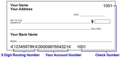 Image of a check, highlighting routing number and account number.