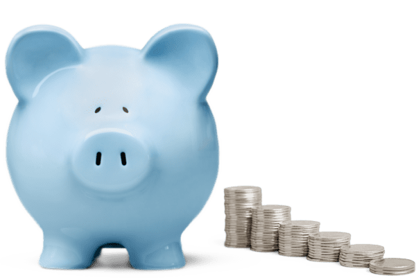 blue piggy bank with coins lined up beside it